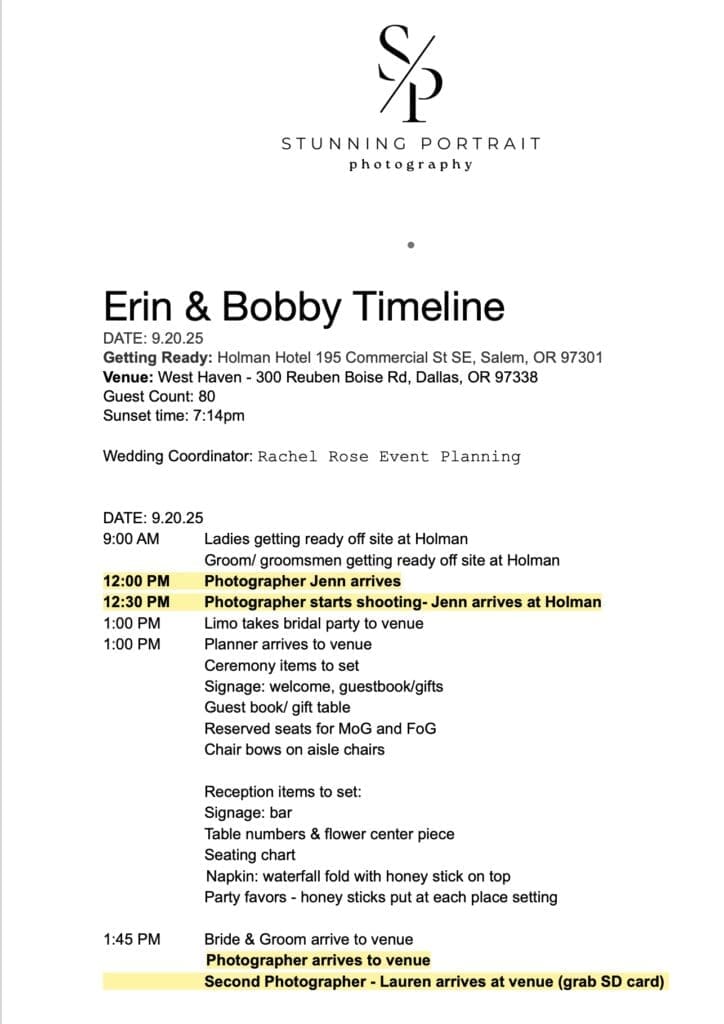 Planner wedding day timeline